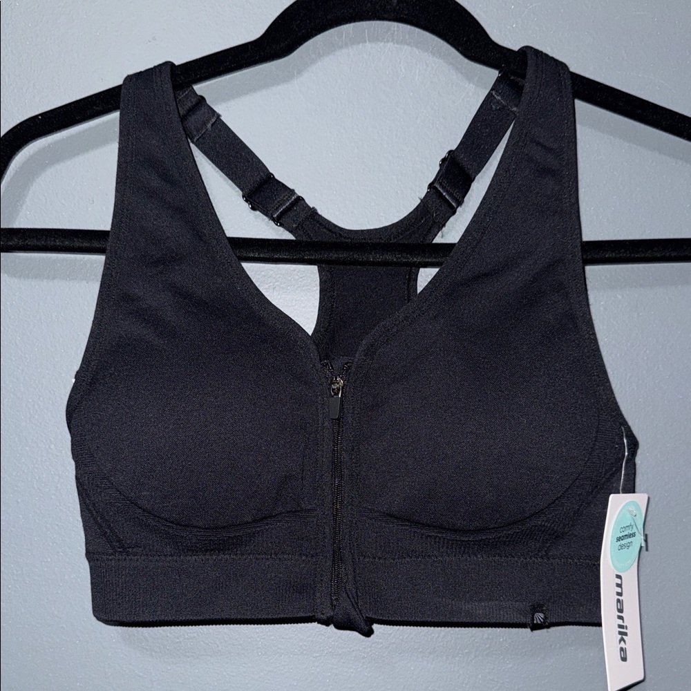 Marika women’s black medium sports bra adjustable straps front zip removable pad